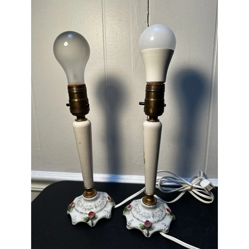 Vintage Porcelain Boudoir Table Lamps Floral Rose Gold Accent Pair Working